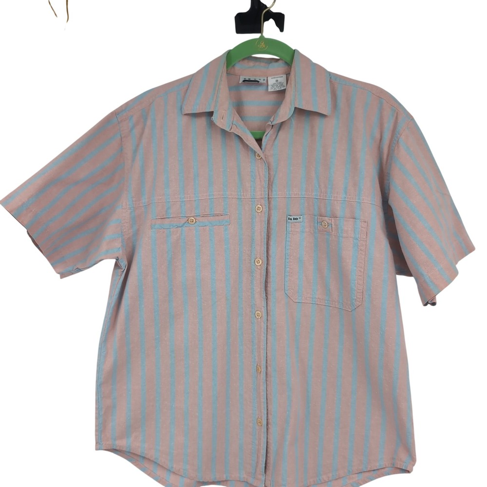 Vintage Ilio Womens Pink Blue Striped Cotton Short Sleeve Button Down Shirt M